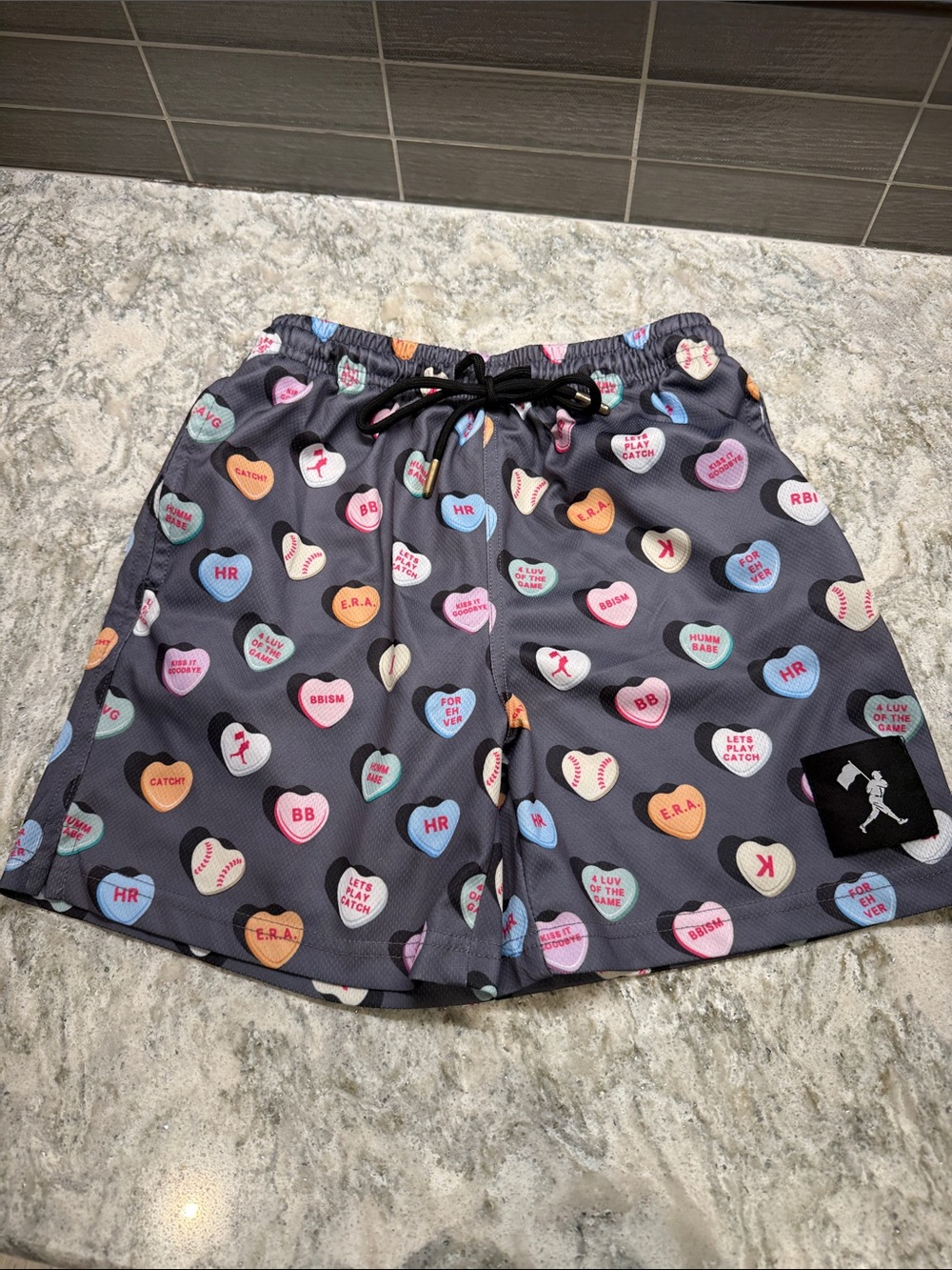 Kids Gray Heart Print Athletic Shorts with Drawstring